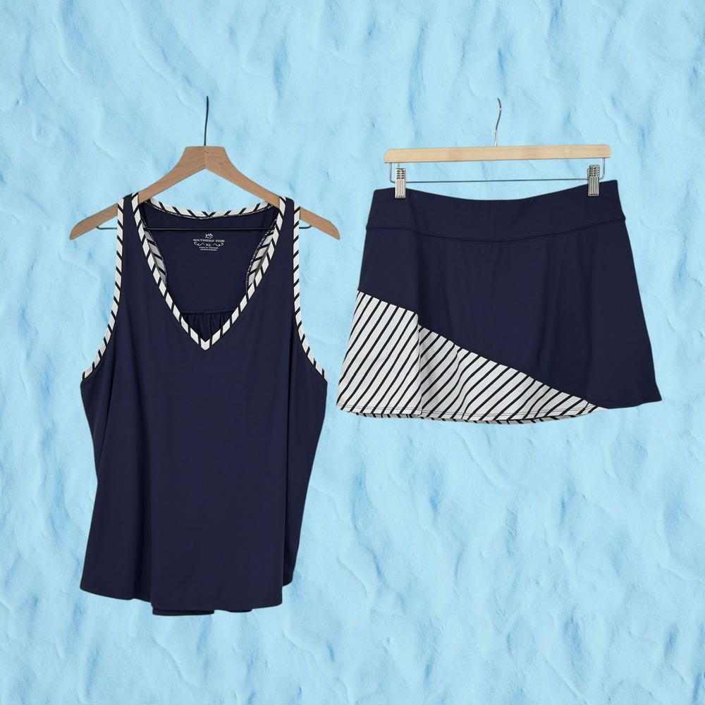 Southern Tide Womens Navy Blue Striped Activewear Tank Top and Skort Set XL/L